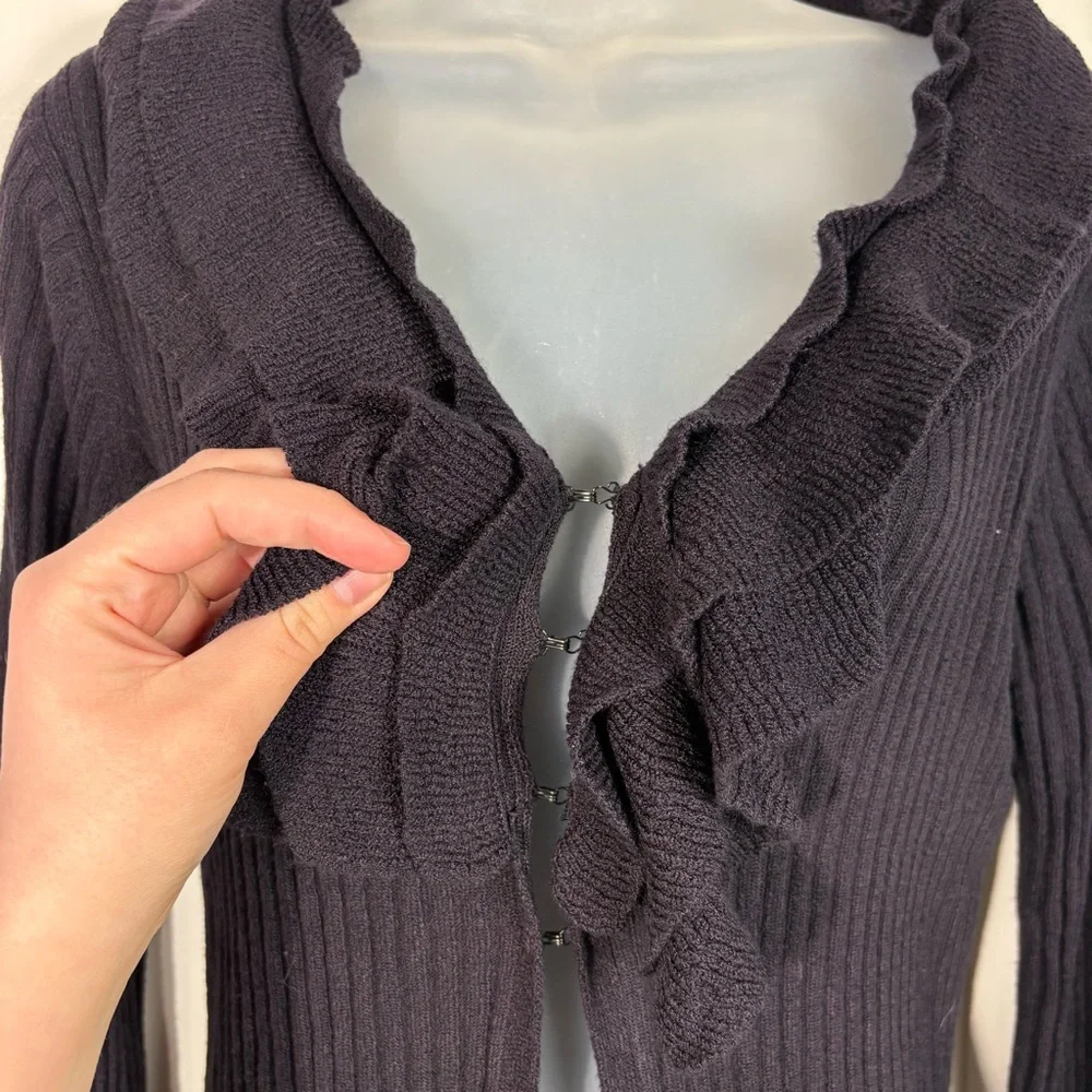 MyLife Vintage Y2K Dark Purple Ribbed Whimsigoth Goth Ruffle Neck Cardigan M - Picture 5 of 7